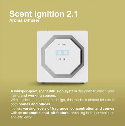 Scent Ignition 2.1 Aroma Diffuser shown with description highlighting whisper-quiet operation, compact design, and auto shut-off for small spaces.
