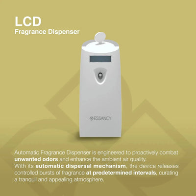 LCD aroma diffuser Fragrance Dispenser with Essancy branding on a green background
