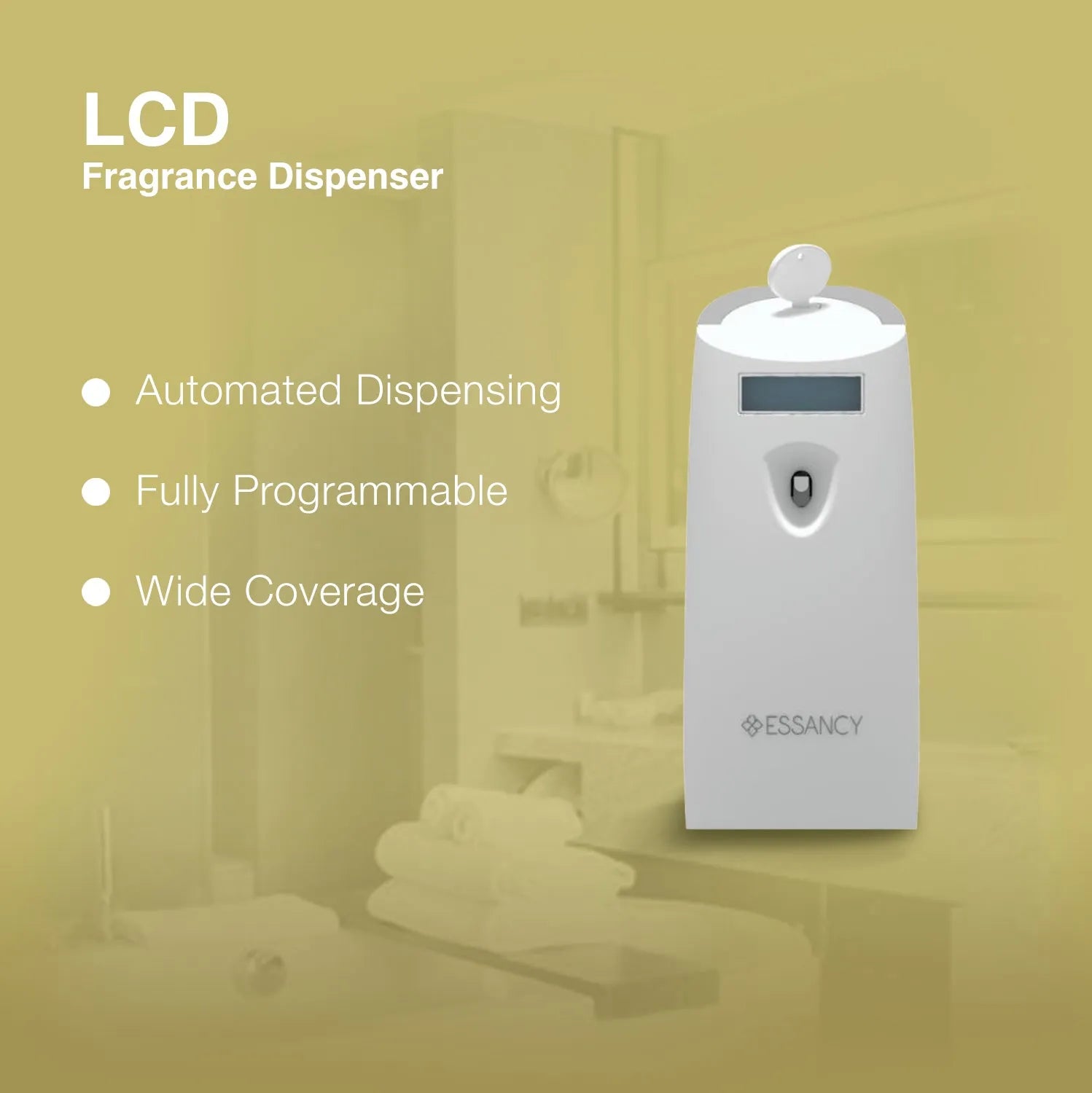 LCD fragrance dispenser with features listed on a blurred background