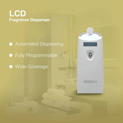 LCD aroma diffuser fragrance dispenser with features listed on a blurred background