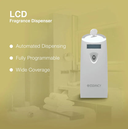 LCD fragrance dispenser with features listed on a blurred background