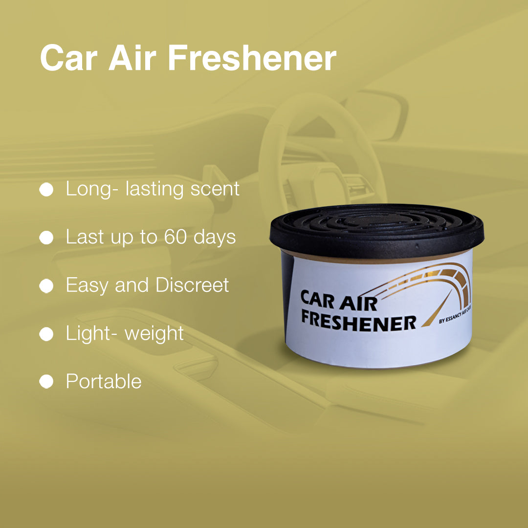 Car air freshener with features listed on a yellow background