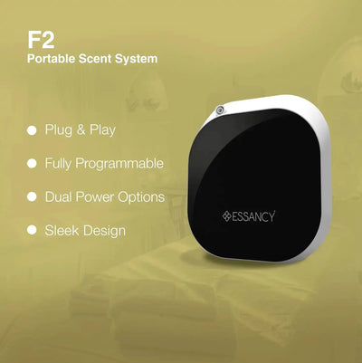 F2 Portable Scent System - aroma diffuser with plug & play, programmable features, and dual power options. Designed for modern home interiors.