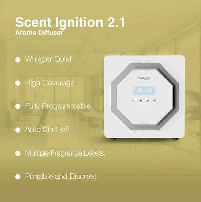 Scent Ignition 2.1 aroma diffuser benefits listed including whisper quiet, high coverage, portability, and multiple fragrance levels for home and office use.