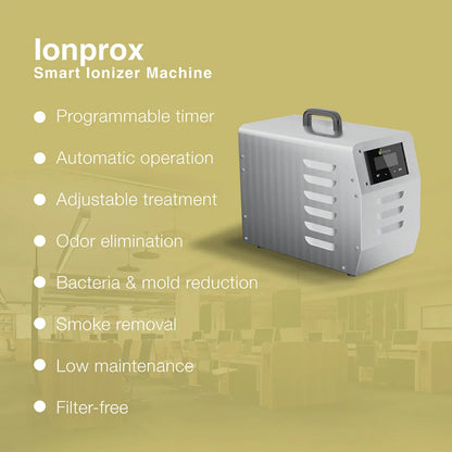 Ionprox Smart Ionizer Machine with features listed on a green background