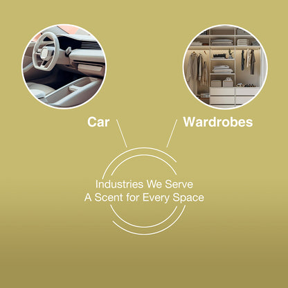 Two circular images of a car interior and wardrobes on a green background with text about industries served.