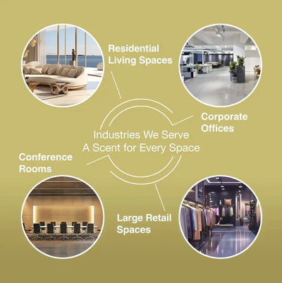 Infographic showing Scent Ignition 2.1 aroma diffuser use in residential, office, retail, and conference spaces, emphasizing versatile scent coverage.