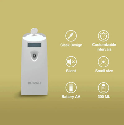 White aroma diffuser device with features listed on a green background