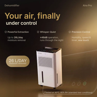 Aira Pro Dehumidifier – 26L/Day, Whisper-Quiet <48dB, Ionizer + UV Purification, For Homes, Offices & Showrooms