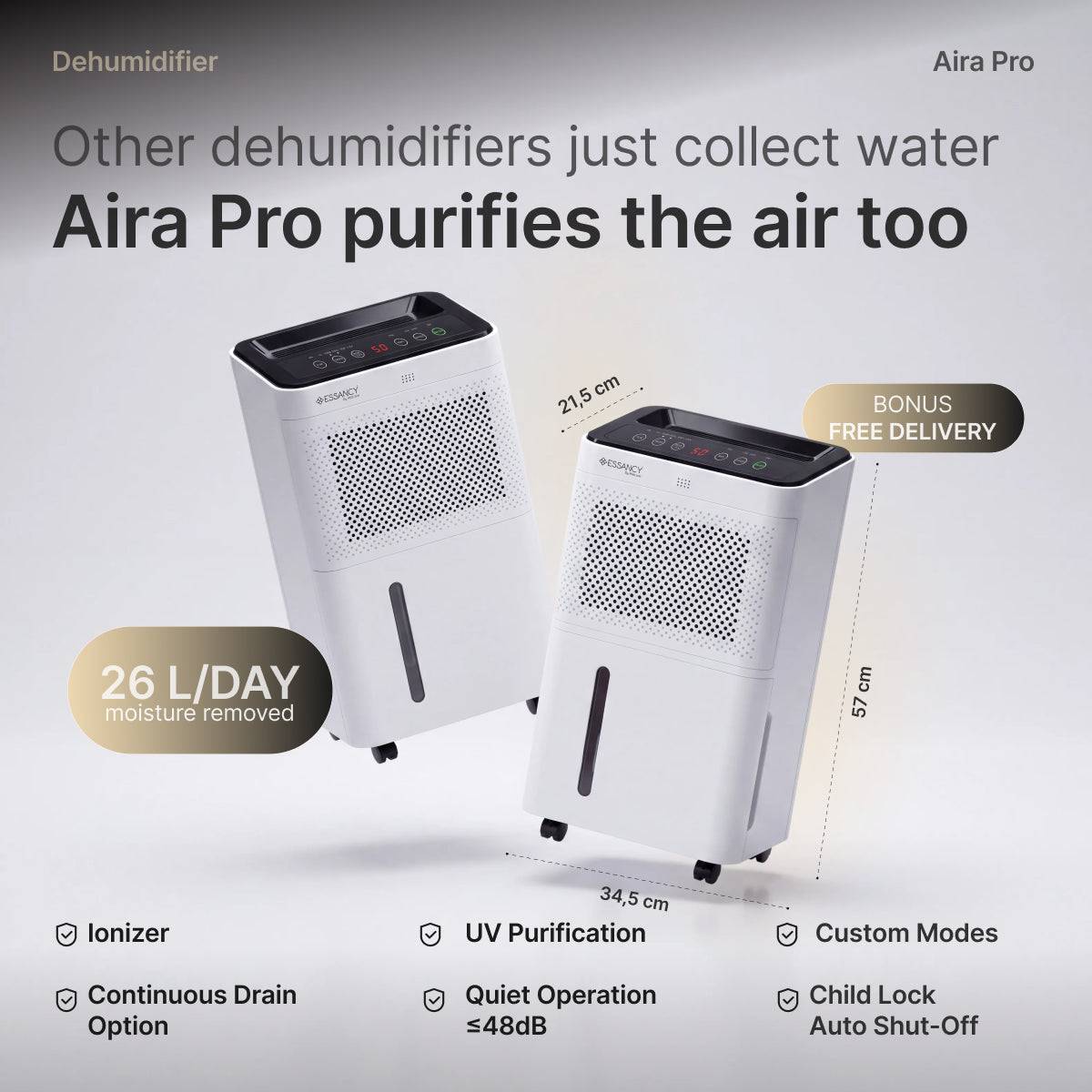Aira Pro Dehumidifier – 26L/Day, Whisper-Quiet <48dB, Ionizer + UV Purification, For Homes, Offices & Showrooms