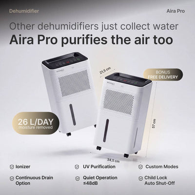 Aira Pro Dehumidifier – 26L/Day, Whisper-Quiet <48dB, Ionizer + UV Purification, For Homes, Offices & Showrooms