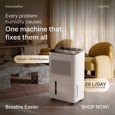 Aira Pro Dehumidifier – 26L/Day, Whisper-Quiet <48dB, Ionizer + UV Purification, For Homes, Offices & Showrooms
