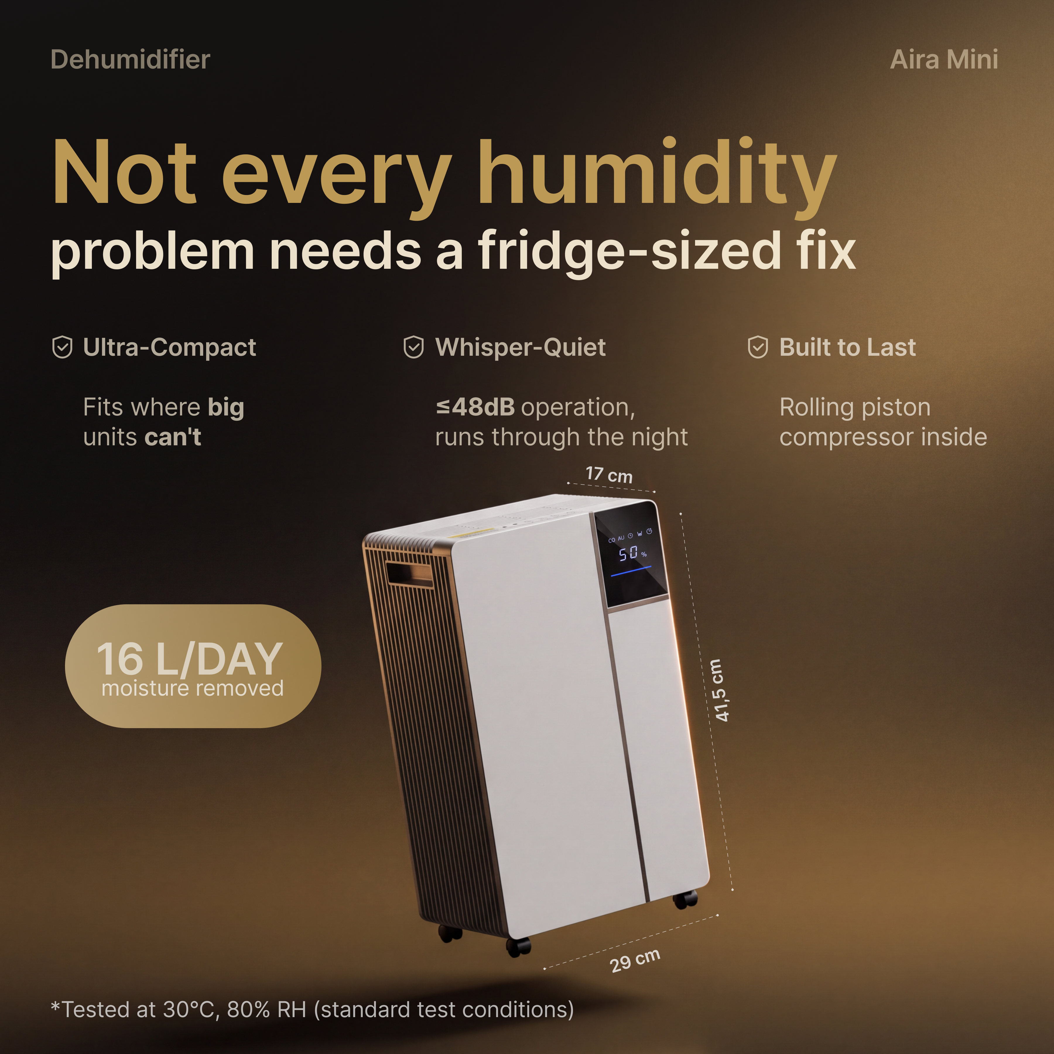 Aira Mini Dehumidifier – 16L/Day, Rolling Piston Compressor, Whisper-Quiet <48dB, For Homes, Offices & Showrooms