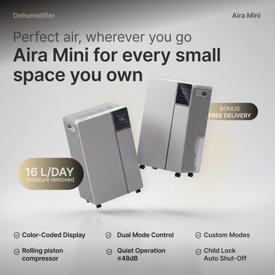 Aira Mini Dehumidifier – 16L/Day, Rolling Piston Compressor, Whisper-Quiet <48dB, For Homes, Offices & Showrooms