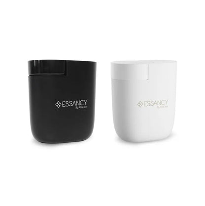 AromaLux Black and white containers with 'Essancy' branding on a white background