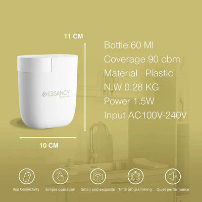aroma diffuser White device with Essancy branding on a green background, showing product details and features.