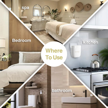 Collage of a bedroom, kitchen, and bathroom with text indicating where to use the product.