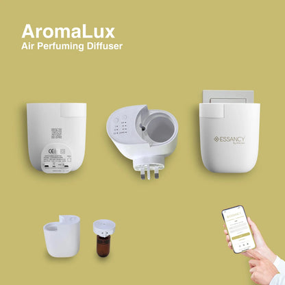 AromaLux air perfuming diffuser with components and smartphone on a green background