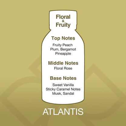 Bottle-shaped label with fragrance notes on a gold background