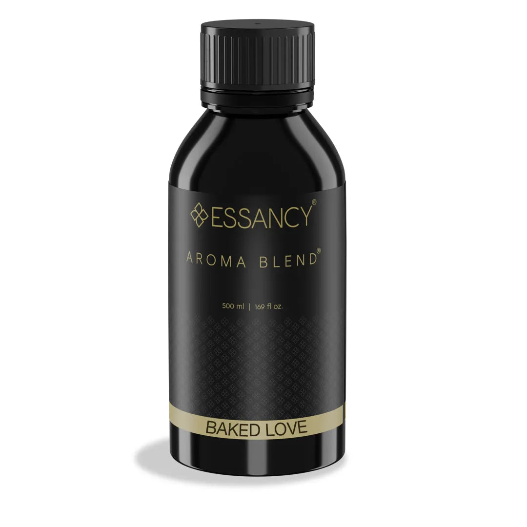 Black bottle of Essancy Aroma Blend 'Baked Love' on a white background