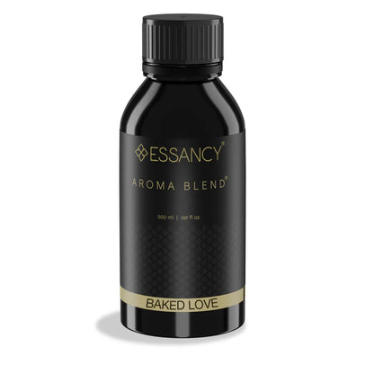 Black bottle of Essancy Aroma Blend 'Baked Love' on a white background