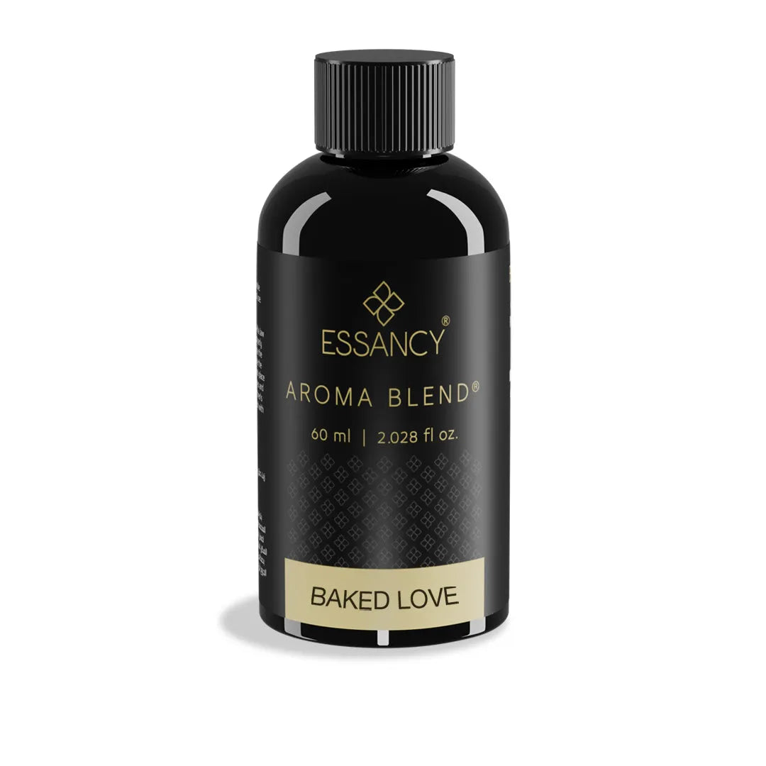 Essancy Aroma Blend bottle labeled 'Baked Love' on a white background