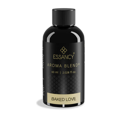 Essancy Aroma Blend bottle labeled 'Baked Love' on a white background