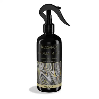 Beauty Air Freshener Spray by Essancy in a sleek black 300ml bottle with gold marbled design, ideal for home fragrance and odor neutralization.