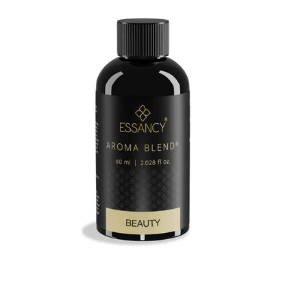 Black bottle of Essancy Aroma Blend Beauty on a white background