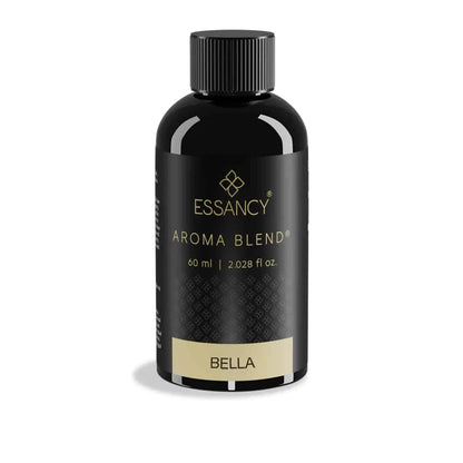 Black bottle of Essancy Aroma Blend Bella on a white background