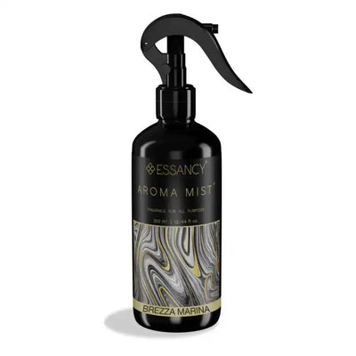 Brezza Marina Air Freshener Spray by Essancy in 300ml black bottle with gold and silver swirl design, ideal for home fragrance use.