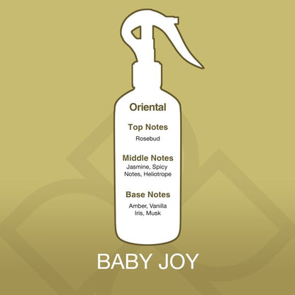 Spray bottle labeled 'Oriental' with notes on a gold background