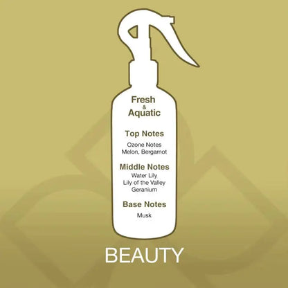 Fragrance profile of Beauty Aroma Mist Air Freshener showing top notes of melon and bergamot, with floral and musk base for a fresh, aquatic scent.