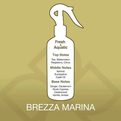 Fragrance profile of Brezza Marina Aroma Mist showing fresh aquatic scent with tea, citrus, vanilla, and woody base notes for air freshening.