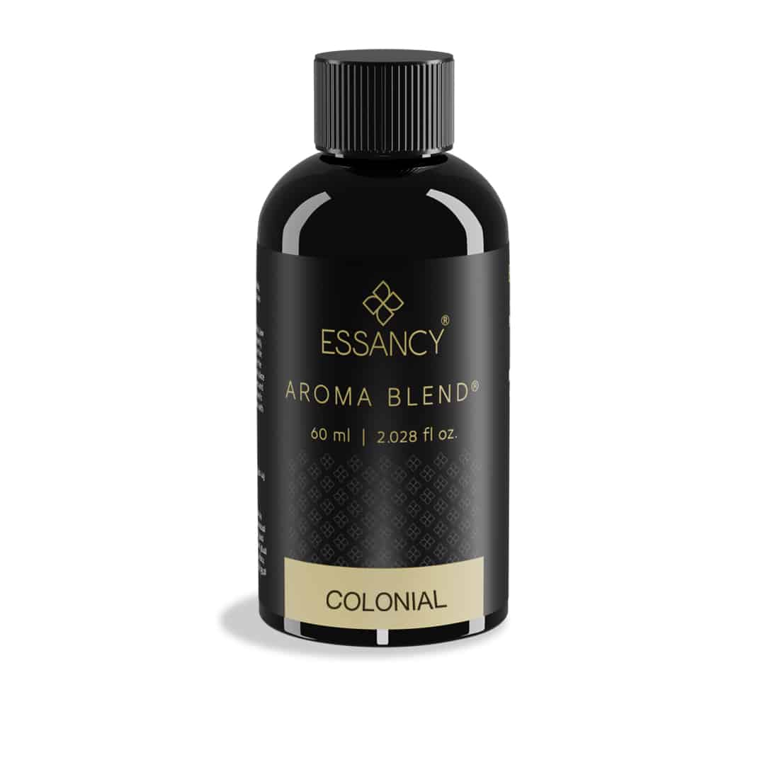 Black bottle of Essancy Aroma Blend Colonial on a white background