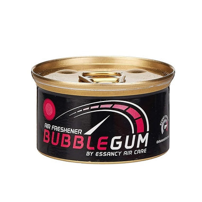 Can of bubble gum-scented air freshener with gold lid on a white background