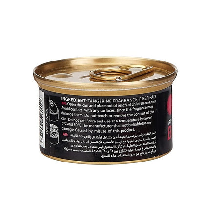 Can with gold lid and black label on a white background