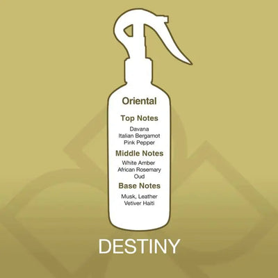 Destiny Aroma Mist Air Freshener scent profile showing oriental fragrance notes including bergamot, white amber, and vetiver for a rich aroma experience.