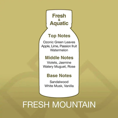 Fragrance profile of Fresh Mountain Aroma Blend with top notes of green leaves and lime, floral middle notes, and musky vanilla base notes.