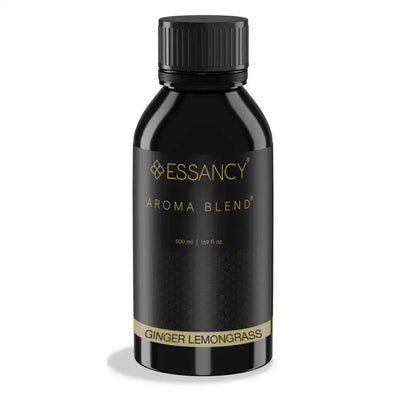 500ml Ginger Lemongrass Aroma Blend by Essancy in premium black packaging, eco-friendly diffuser oil for home and garden fragrance use.