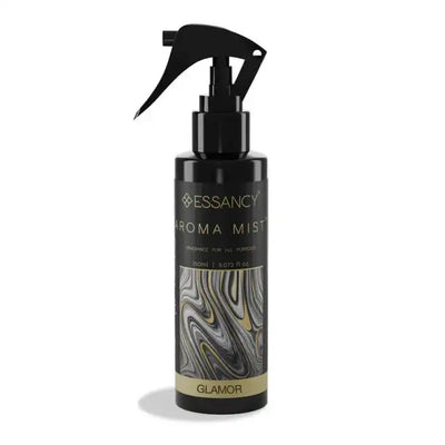 Glamor Aroma Mist Room Perfume 150ml in a sleek black and gold spray bottle, ideal air freshener for elegant home fragrance.
