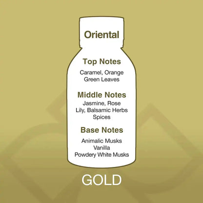 Gold Aroma Blend – Luxury Fragrance Diffuser for Home with scent profile chart showing top notes of caramel and orange, and base notes of vanilla and musks.