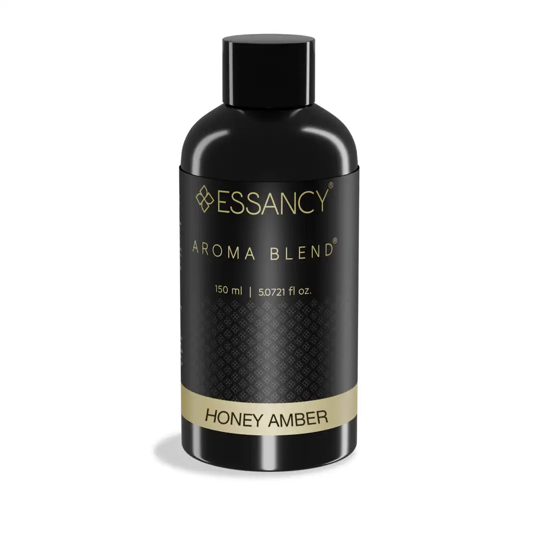 Essancy Honey Amber Aroma Blend 150ml home fragrance oil, designed for long-lasting amber aroma in elegant black packaging.