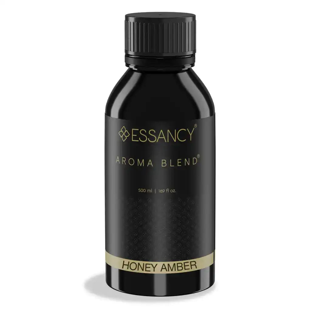 Essancy Honey Amber Aroma Blend 500ml diffuser oil in sleek black bottle, ideal for cozy home scenting with warm amber fragrance.