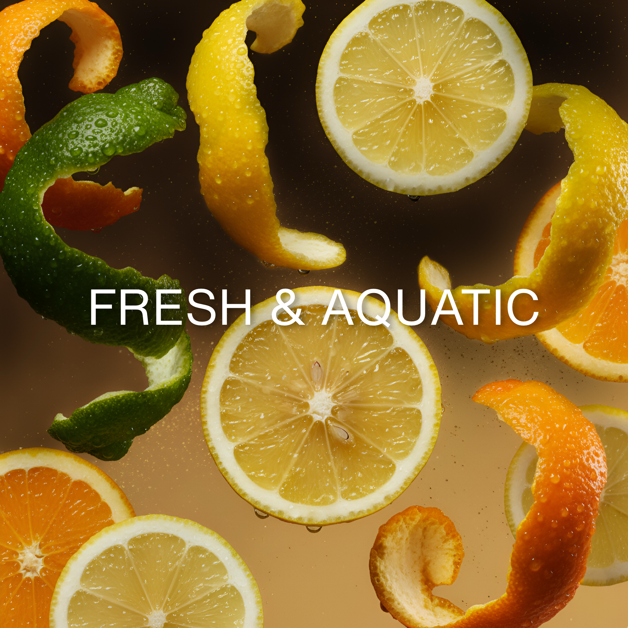 Sliced lemons and oranges with peels on a dark background, featuring the text 'FRESH & AQUATIC'.