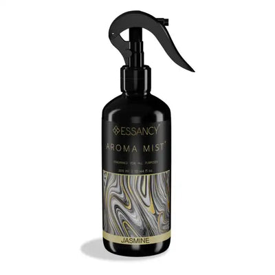 Essancy Jasmine Aroma Mist Air Freshener 300ml with sleek black and marbled design, ideal for eliminating odors in home or office spaces.