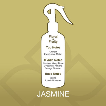 Spray bottle with jasmine fragrance description on a gold background