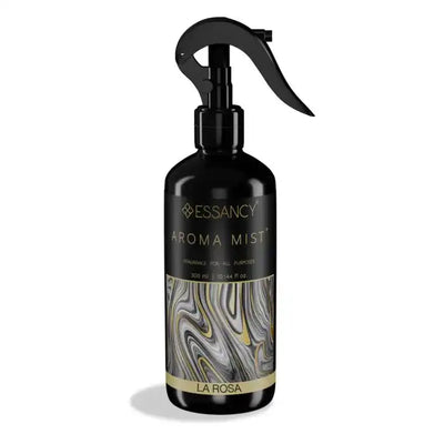 La Rosa Aroma Mist Air Freshener 300ml in sleek black spray bottle with marbled label design, ideal for odor neutralizing and home fragrance.