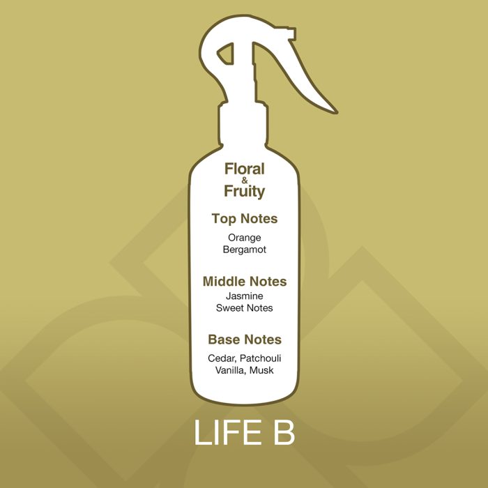 White spray bottle with fragrance notes on a gold background, featuring the brand 'LIFE B'.