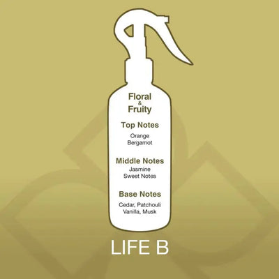 Life B Aroma Mist scent profile showing top notes of orange and bergamot, middle notes of jasmine and sweet notes, and base notes of cedar and vanilla.